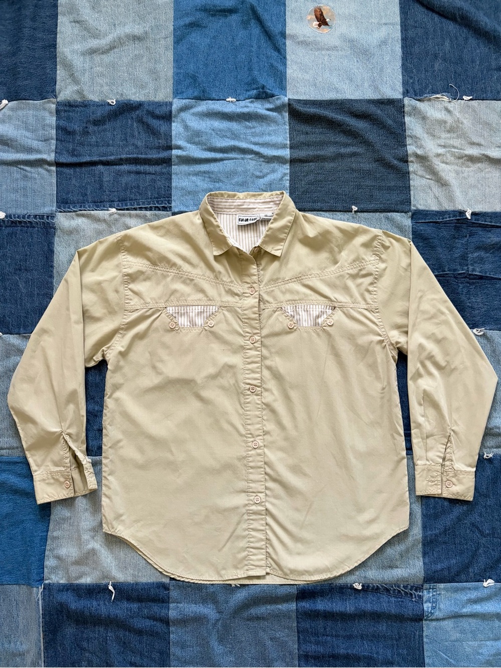 Vintage color code tan button up shirt striped pockets utility size XL